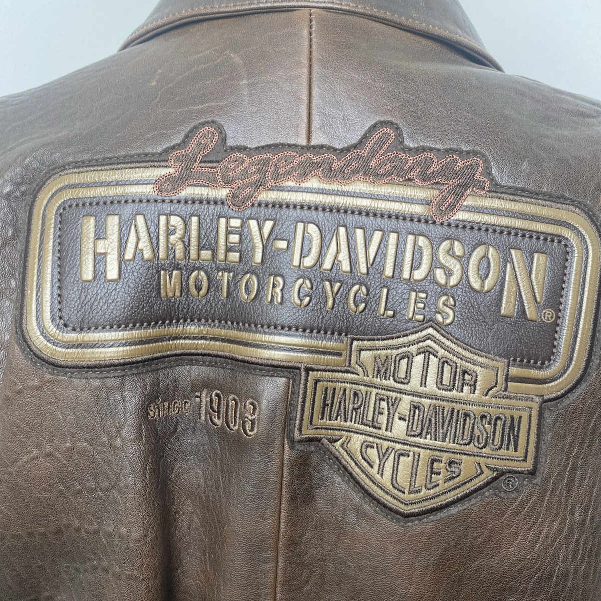 Harley Davidson Brown Leather Jacket Sz L Bomber Embosed Logo