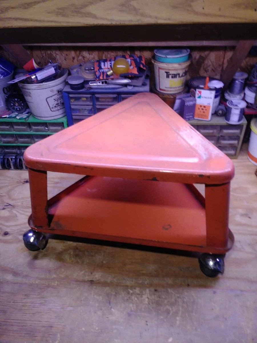 Vintage Red Triangular Industrial Rolling Metal Stool on Wheels 16