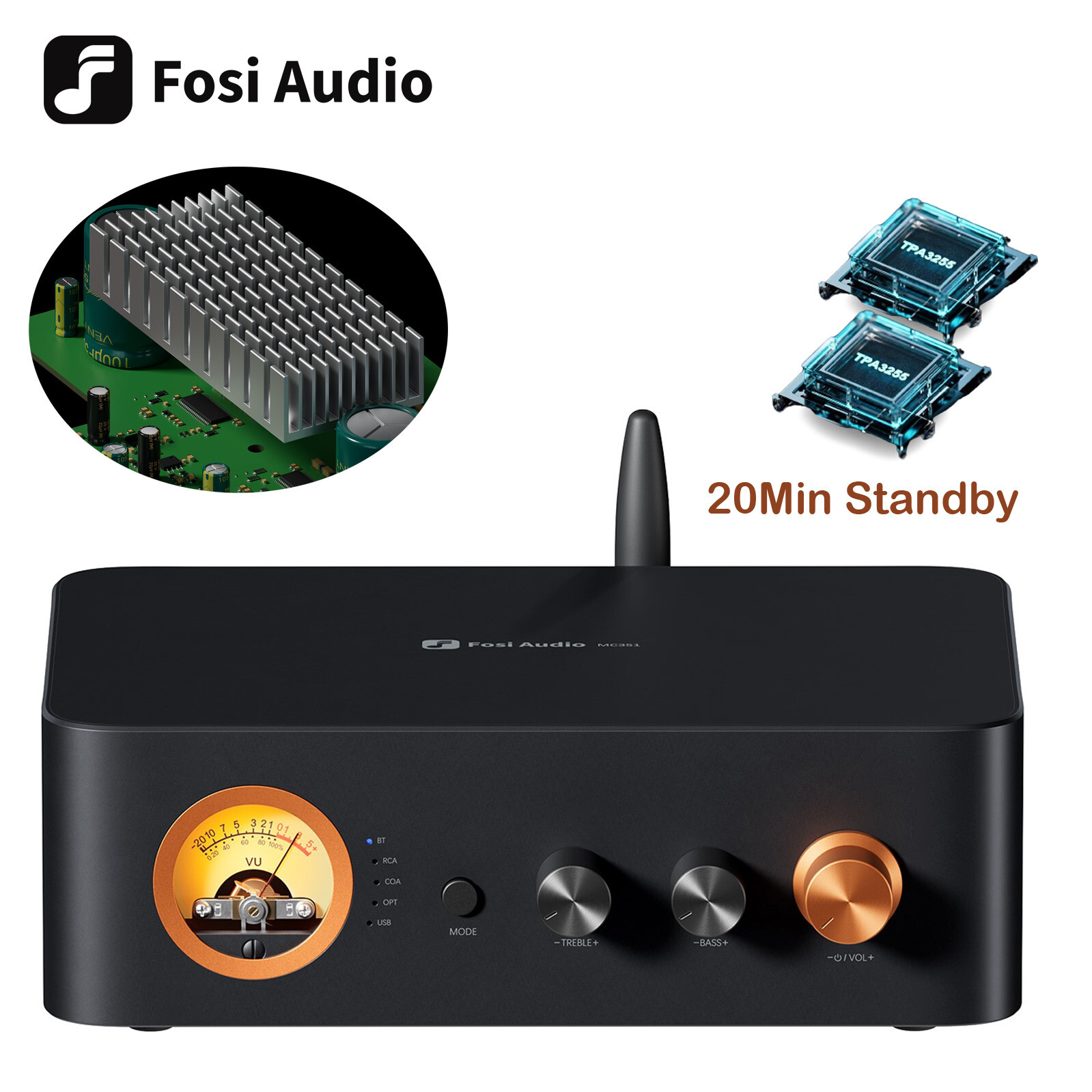 Fosi Audio MC351 Stereo Amplifier VU Meter BT5.0 DAC COAX/OPT Amp