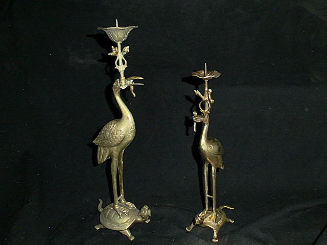 明治期 銅製唐銅燭台(一対) 共箱 仏具 行灯 蝋燭立て 和室照明 寺院