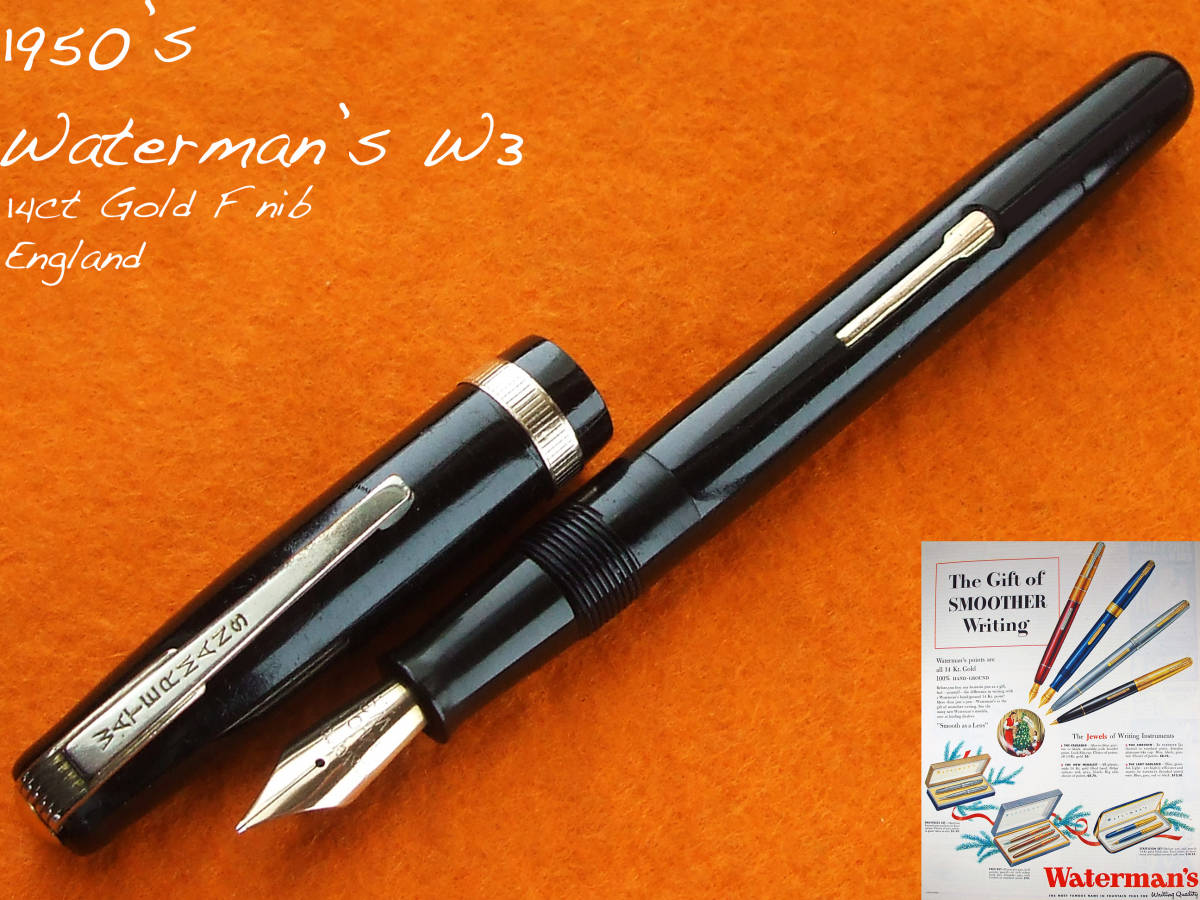 ウォーターマン 万年筆 W2 ブラック 14CT Fニブ 配送 ◇OH済◇1940年代