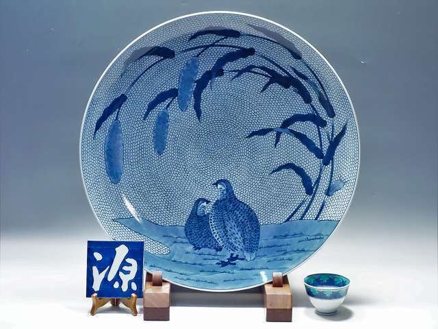 1916 源右衛門 染付 陶板画 額装 粟と鶉絵 額縁 置物 工芸品 【公式通販】