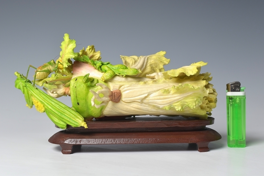 竹と白菜とバッタの彫刻 牛骨製 飛蝗 置物 中国美術 ミ10 竹と白菜と
