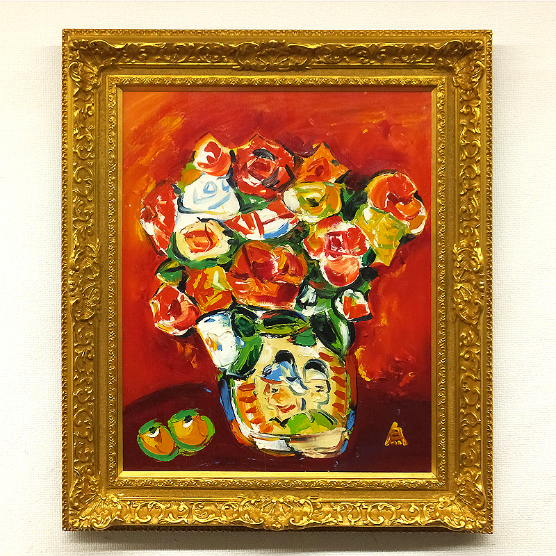 真作」宮田為義 薔薇の絵 靜物画 絵画 油彩画 額装 F15号 真作」宮田