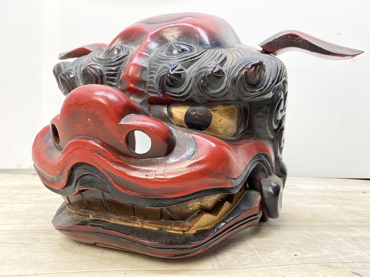 時代 木彫彫刻 大きな獅子頭 獅子舞 彩色 木彫 金彩 獅子頭 一対