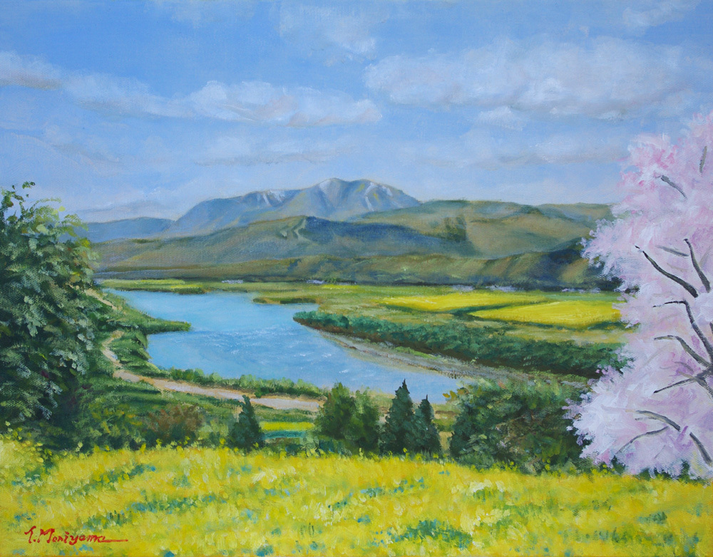 油彩画浅間山山と川の風景 油彩画 大きめ