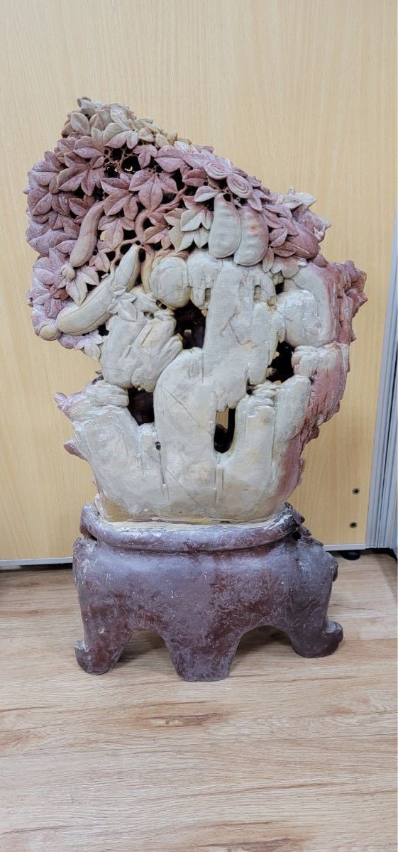 壽山石 置物 葡萄BN034 寿山石雕葡萄栗鼠 置物☆中国古玩石雕葡萄擺件