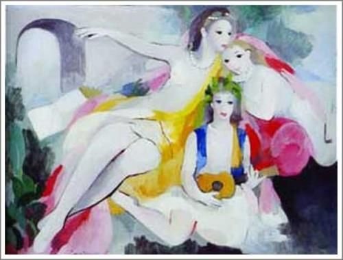 マリーローランサン カラー銅版画『3人の女性』1937年製作、ウコン布