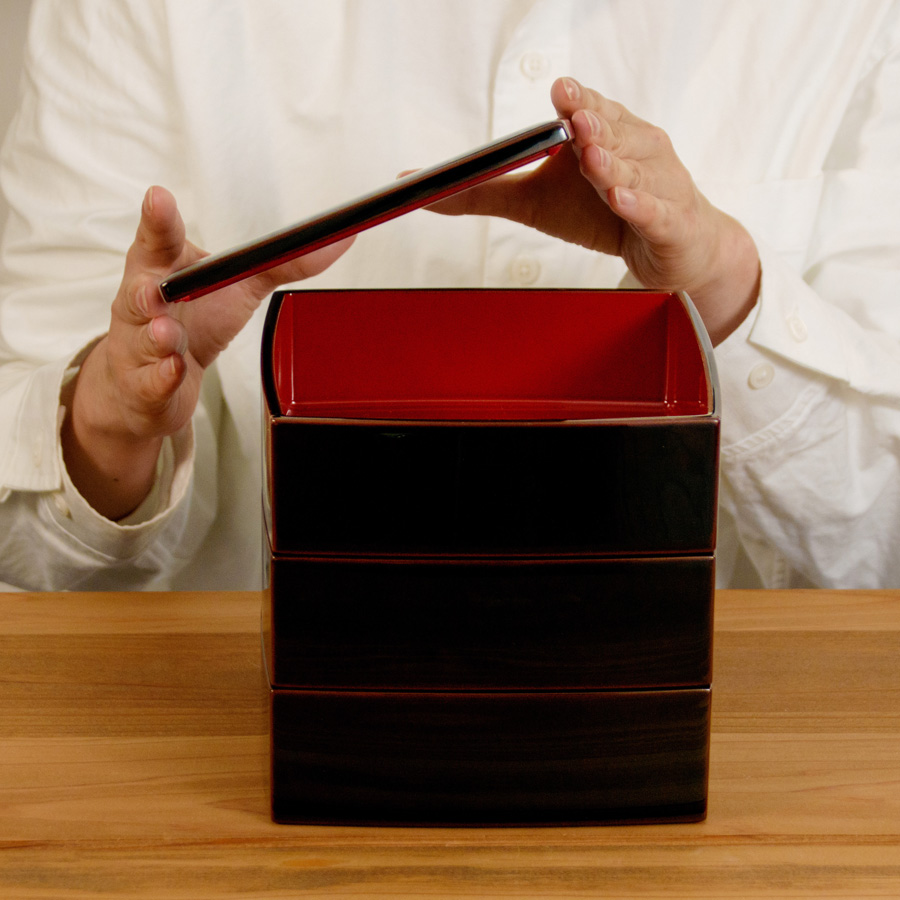 津軽塗 七々子塗 三段重 5.5寸 内朱塗 天然木 漆塗