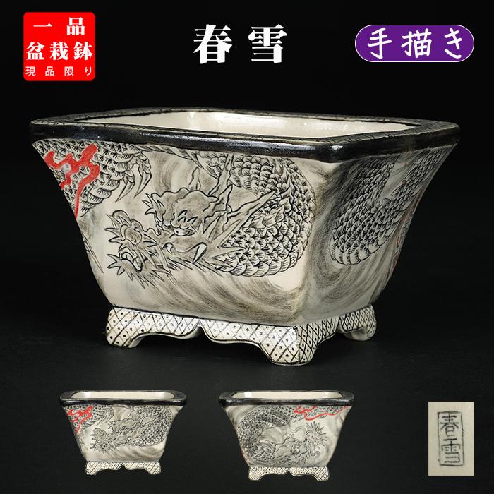 盆栽鉢 「春雪墨絵龍図長方鉢」 植木鉢 絵付 シュンセツ 磁器 4号 12cm