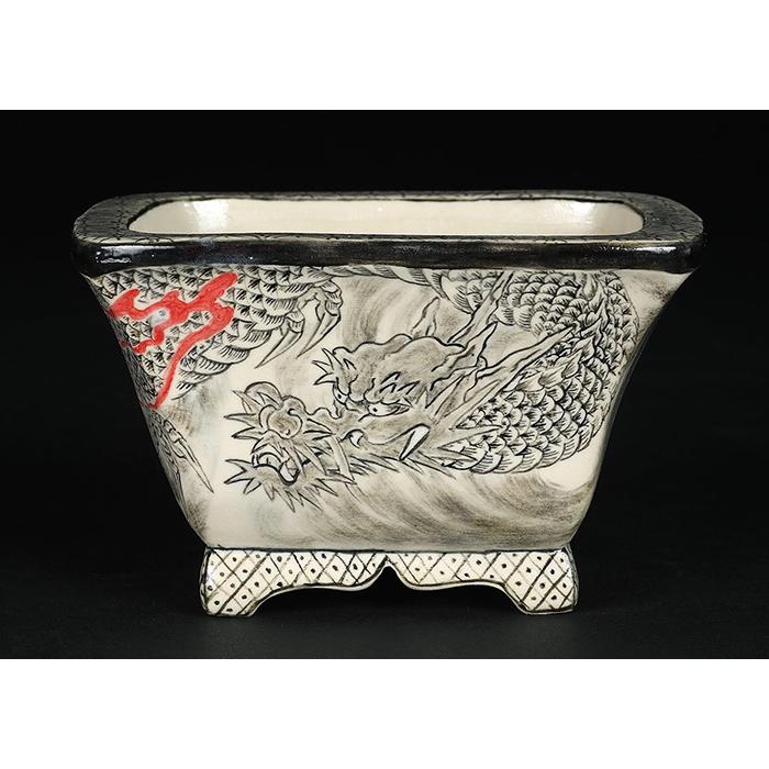 盆栽鉢 「春雪墨絵龍図長方鉢」 植木鉢 絵付 シュンセツ 磁器 4号 12cm