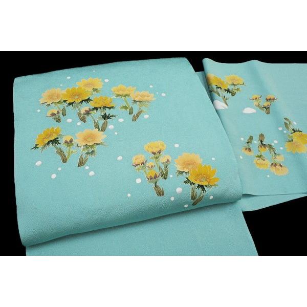 十日町友禅 秀美 九寸 名古屋帯 反物 浅葱色 福寿草 模様 正絹 松寿