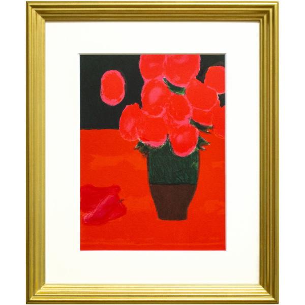 貝殻と赤い花のリトグラフ