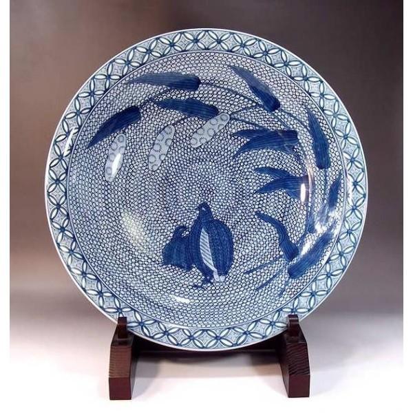 有田焼 染付鶉絵飾り大皿｜陶芸作家 藤井錦彩 作 : 有田焼 藤井錦彩窯