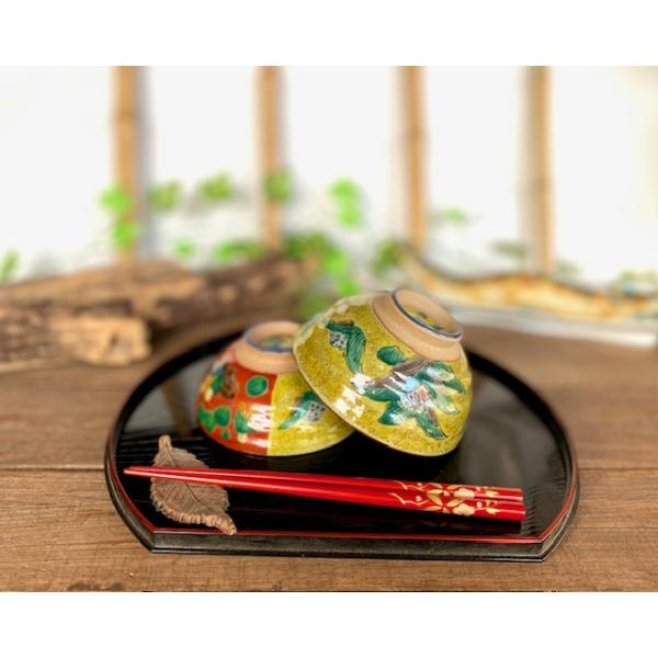 九谷焼 高級 陶磁器 ペア飯碗 吉田屋木米ツートン＆吉田屋万年青 裏絵