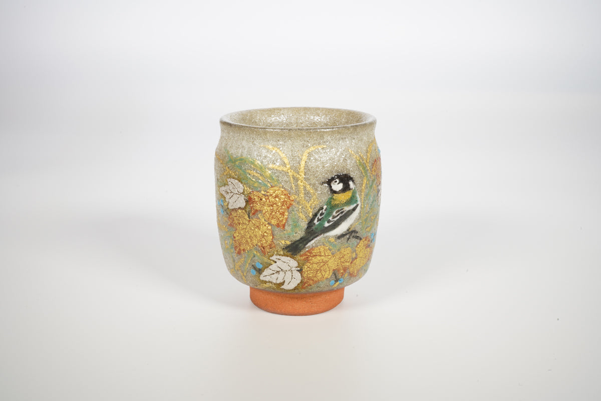 鈴木爽司 色絵 椿ニ頬白之図 扁壺 共箱 共布 栞付き 銀彩 師:富本憲吉