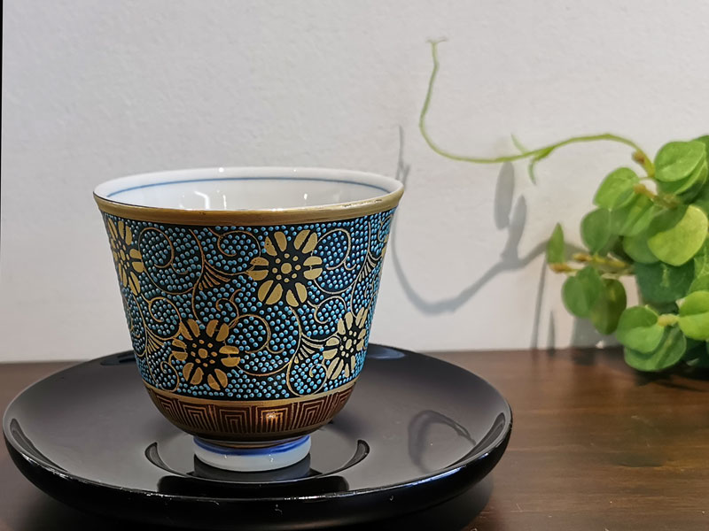 時代 九谷焼 青粒手煎茶器セット 共箱 東Y8-0108☆2Fタサチ