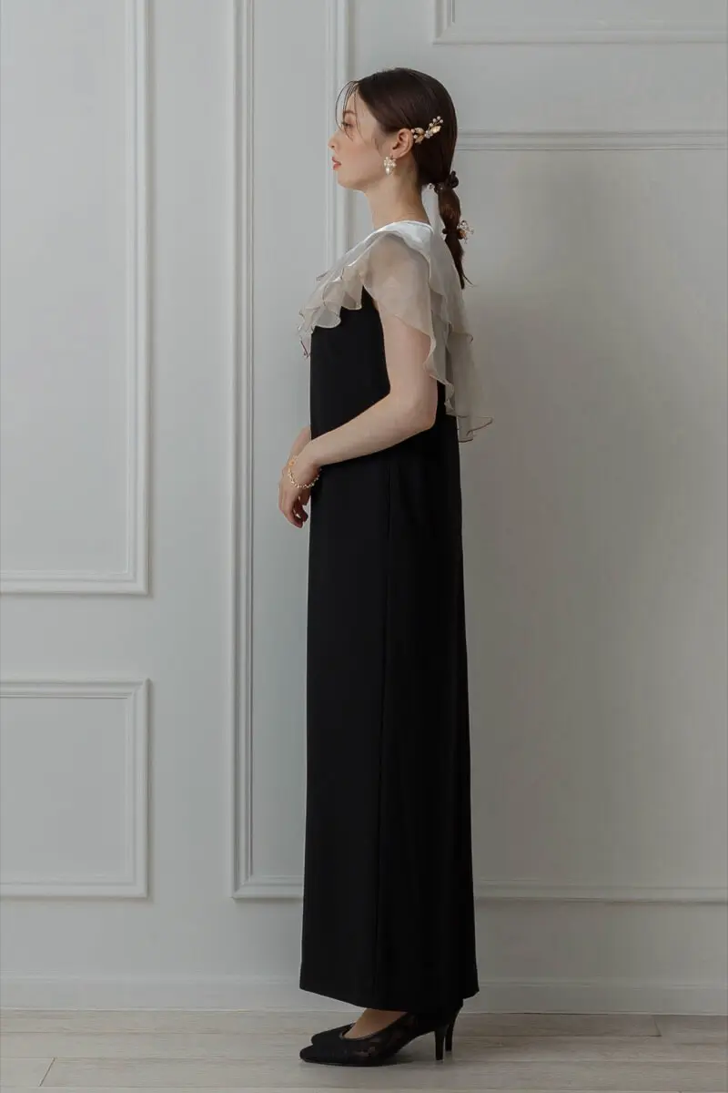 ベージュブラックのグロッシーラッフル付きドレス | ANDRESD | M