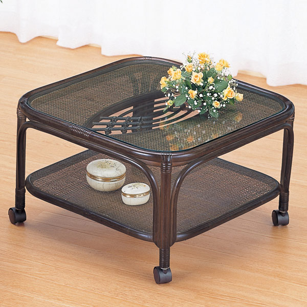 ラタンテーブル 正方形 ガラス天板 籐 ローテーブル キャスター付 60cm