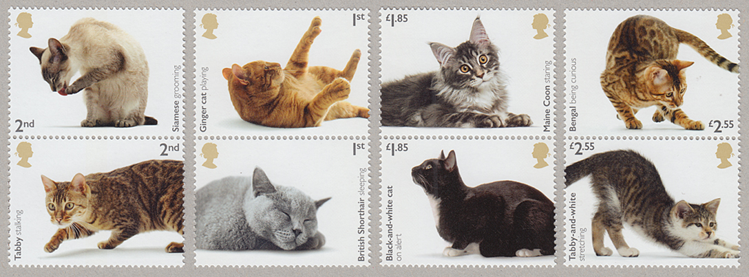 1241 外国切手 猫 シリーズ切手 20種+8面入り小型シート 銷印