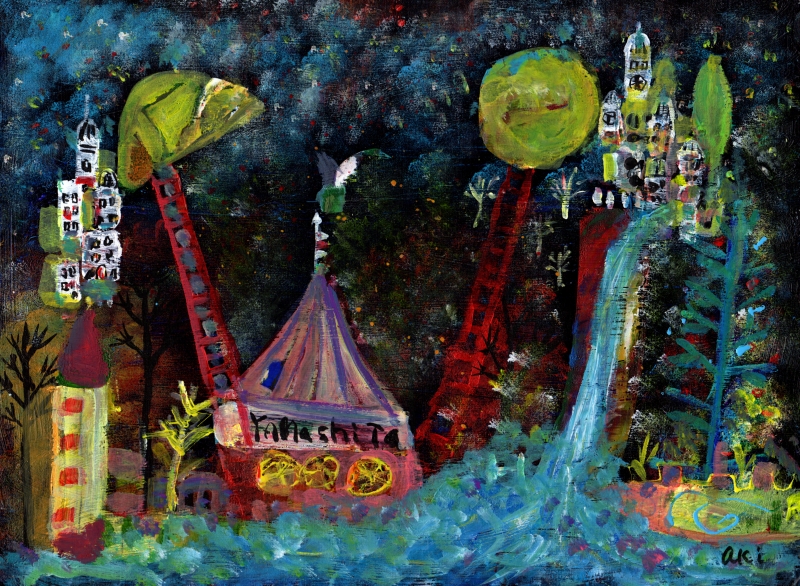 絵画のミクストメディアで秋永清二が描いた絵「サーカスの夜」を通販で販売