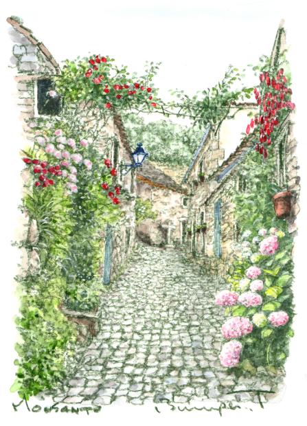 絵画の水彩画で高橋文平が描いたポルトガルの絵「花いっぱいの小路」を