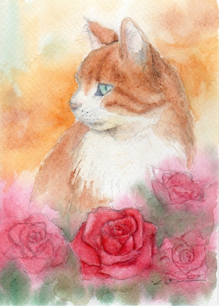 猫の絵画を水彩画で描いた香月和夫の猫の絵「バラと猫」をご購入