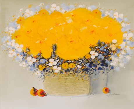 あき 星＊平山講平 花瓶の黄花図 油絵 インテリア額縁 F20 直筆サイン