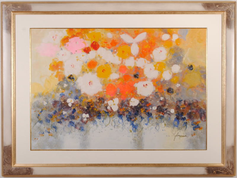 真作保証 平山講平 花図 油彩 サイン有 額装 油絵 花 絵画 額縁付