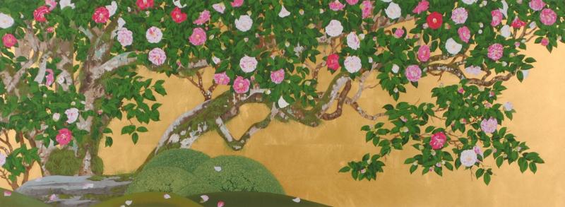 森田りえ子がシルクスクリーンの版画で制作した和の花の絵画「柊野五色