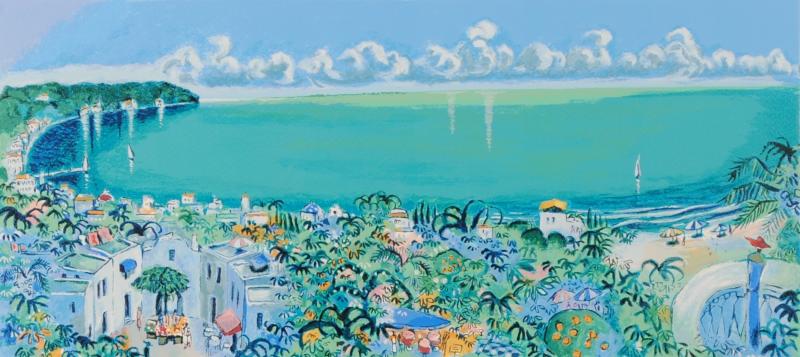 海の絵画をシルクスクリーンの版画で制作した平野琳人の海の絵「青い風