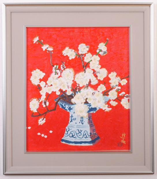 木版画で小倉遊亀が制作した和の花の絵の木版画「つかのま」