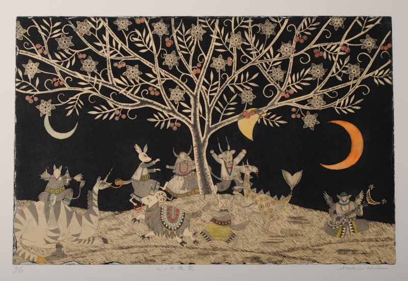 銅版画で朝日みおが制作した絵「三ツ月夜祭」を通販で販売