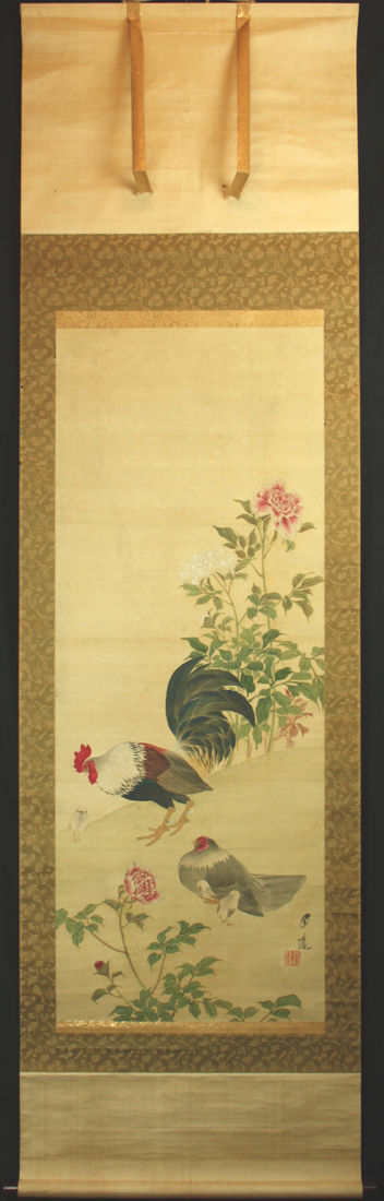 作者名不詳 絹本彩色画 花鳥図【 牡丹の花に蜂図 】 額装仕立て 作者名