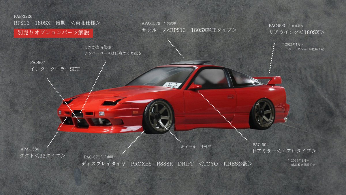 180SX 東北仕様ボディをベースに、オプションパーツを重ねていくことで