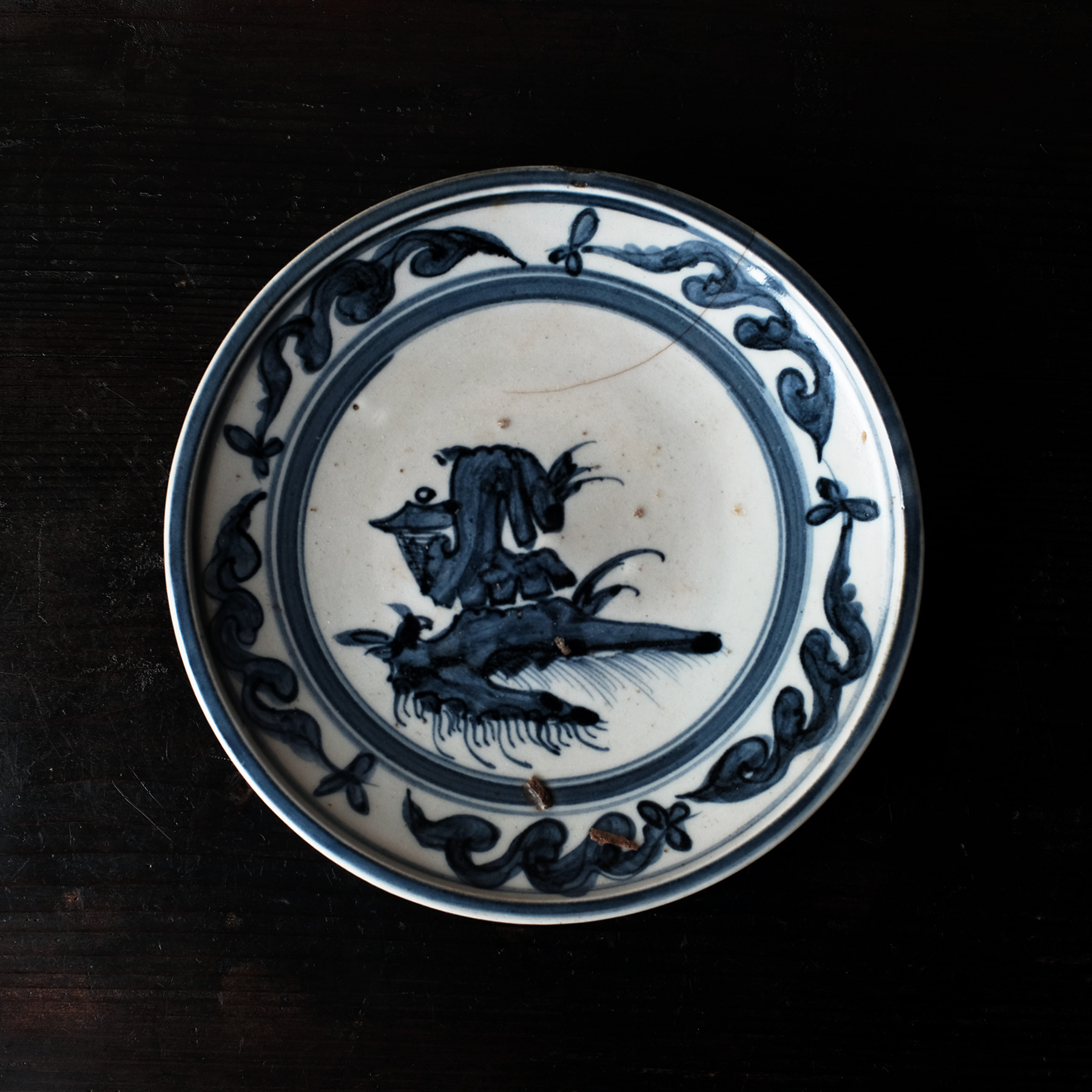 お値下げしました、初期伊万里 染付 蓬莱山 楼閣山水 滝文皿 箱付 お