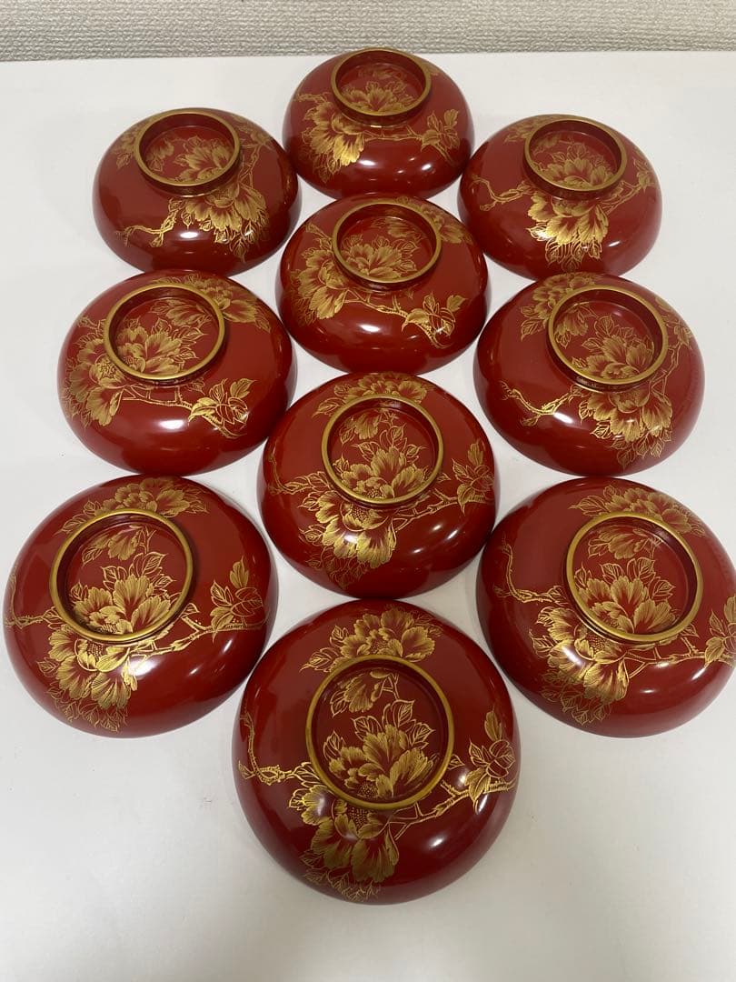 漆器 朱漆 内朱塗 漆器 吸物 懐石椀 煮物椀 10 客 牡丹柄 アンティーク