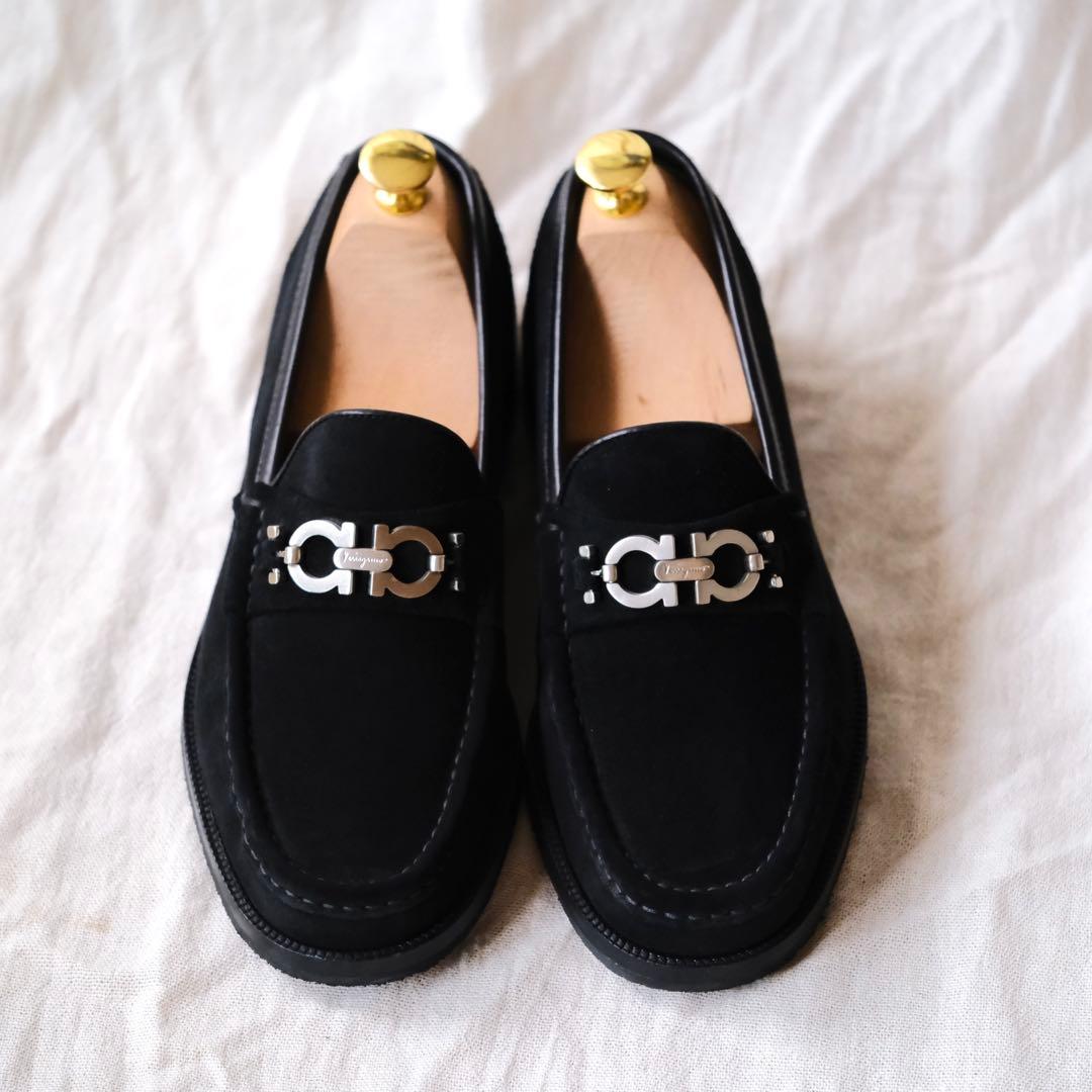 美品Ferragamo Salvatoreスエードガンチーニローファー黒6EE