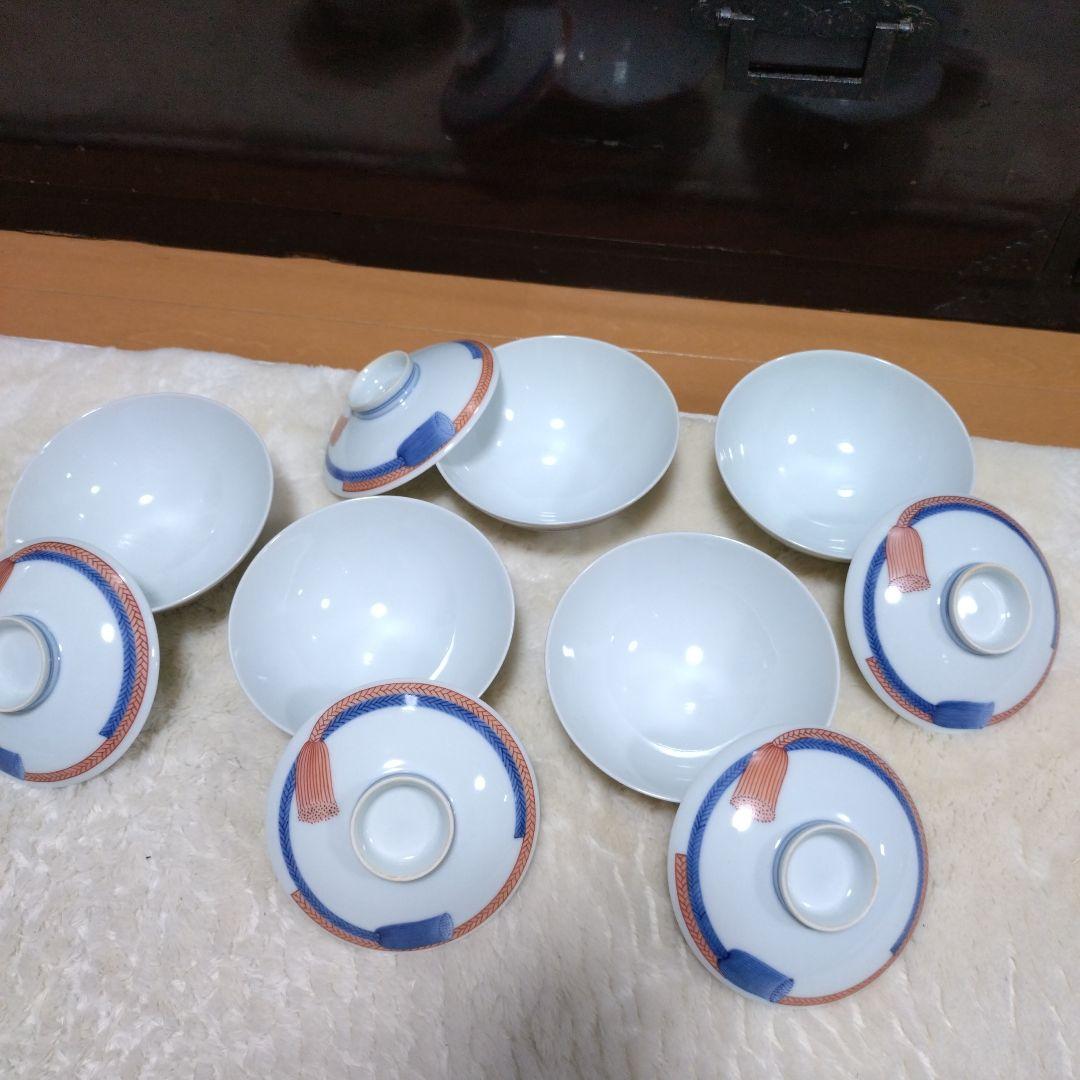 人間国宝　【13代今泉今右衛門】錦　紐(ひも)の絵　蓋付茶碗　5つ揃い