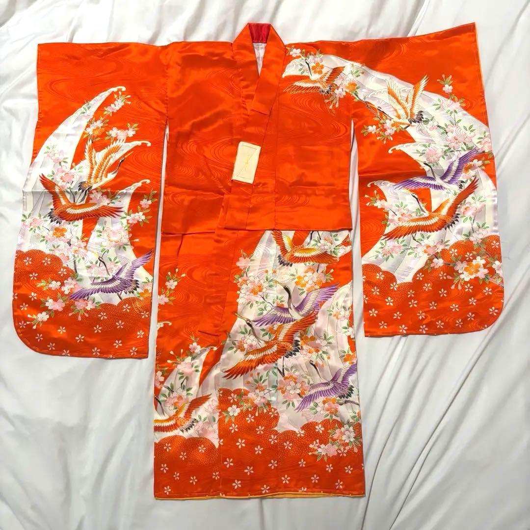 売り切り！七五三3~7歳 着物セット ふりそで 鶴と花模 金駒刺繍 金彩加工
