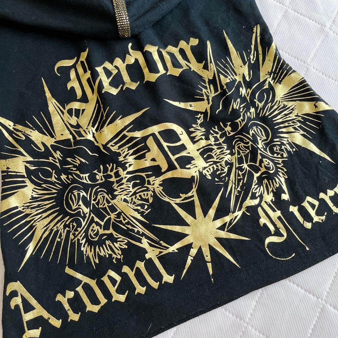 美品 d.i.a フード付き タンクトップ ブラック ゴールドプリント 黒