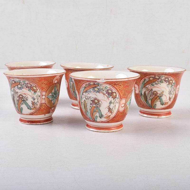 九谷焼 九谷庄三造 赤絵 煎茶碗 五客 湯冷まし 合わせ箱 V R9020