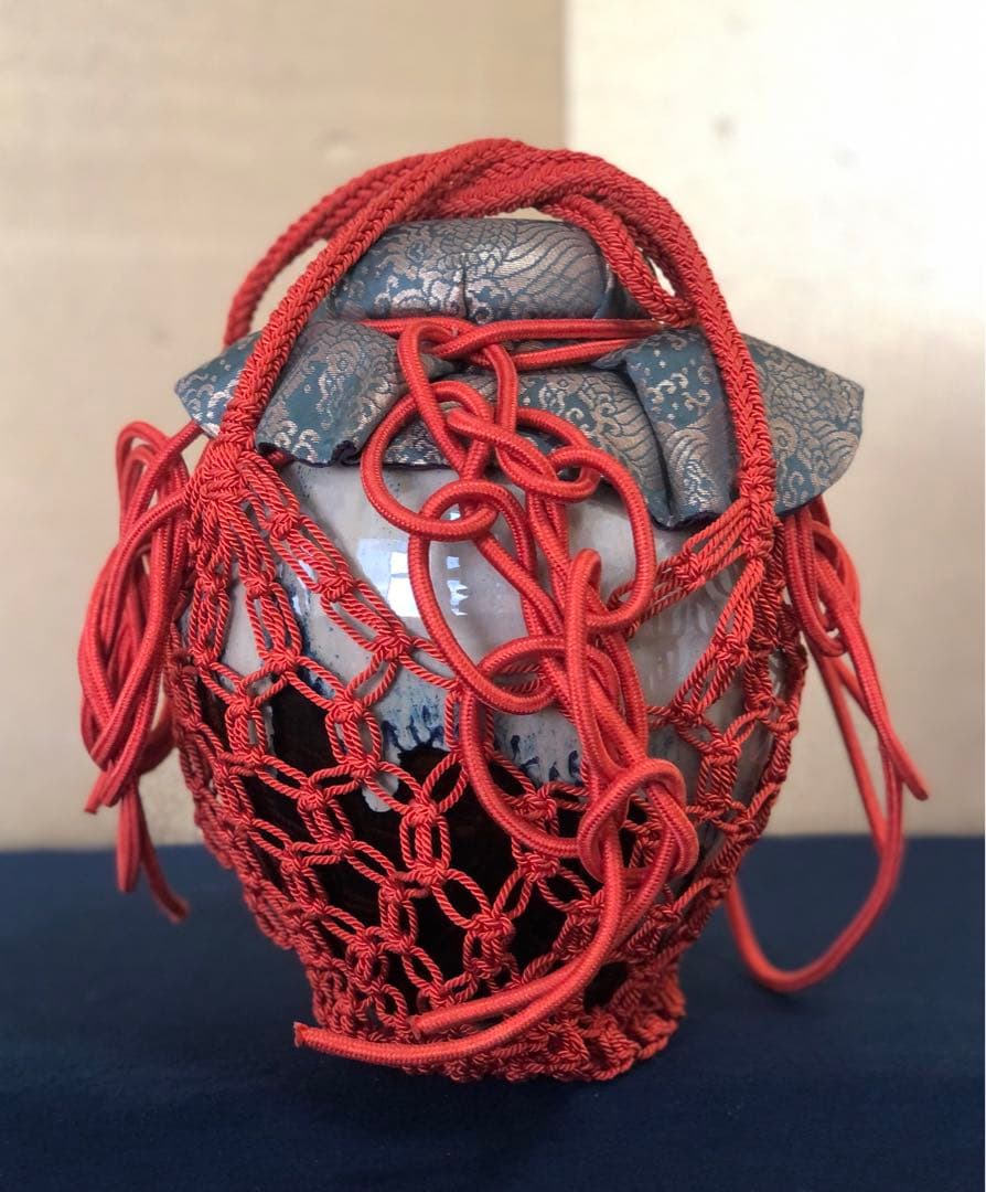 《R》茶道具 四つ耳 飾壷 飾り紐 網紐 口覆 在銘 共箱　250723E6