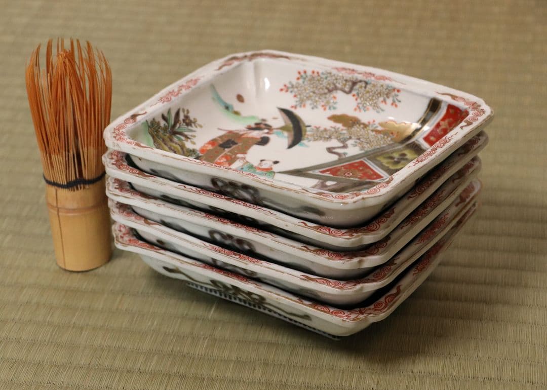 古伊万里 美人図 色絵 角皿 刺身皿 五客 人物 桜 小紋 明治期【MA424