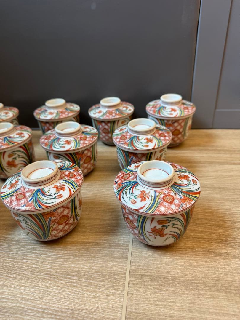 1501 九谷焼　錦絵文　蒸茶碗　10客