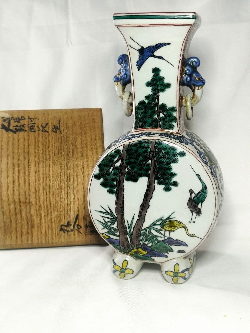 九谷焼 遊環付 太鼓胴花生 明治骨董 共箱 手描き 旧家蔵出し コレクター放出