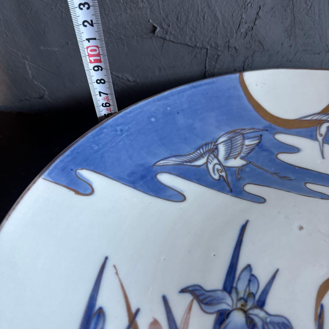 ヴィンテージ 大皿 青 白い鶴と花の陶器皿