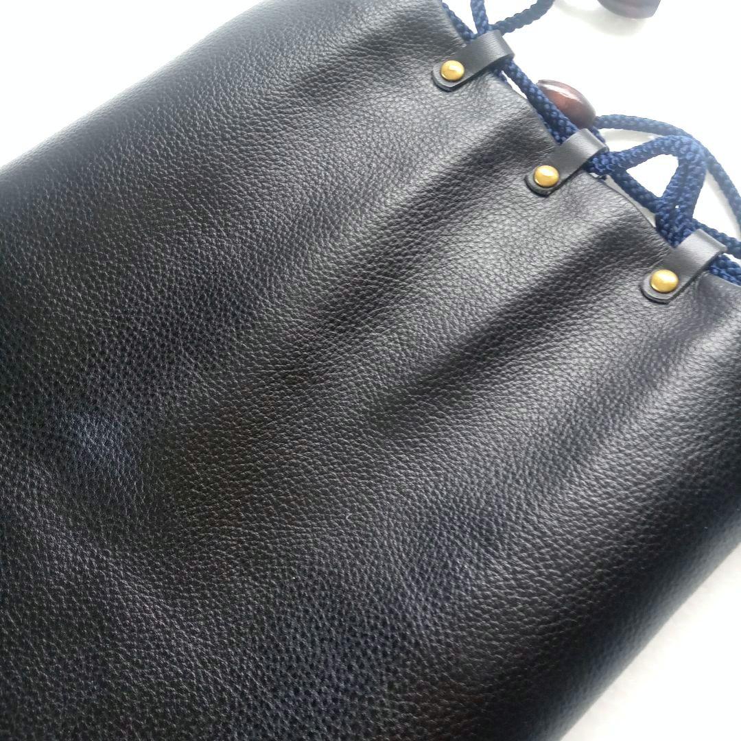 【未使用に近い/レザー巾着/信玄袋//ブラック】