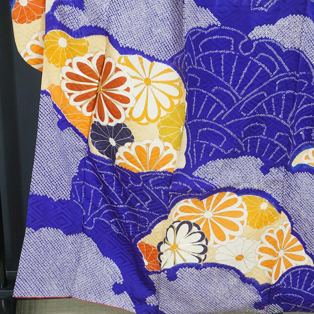 総絞り 紫 アンティーク？ 金駒刺繍 正絹振袖 160cm l236