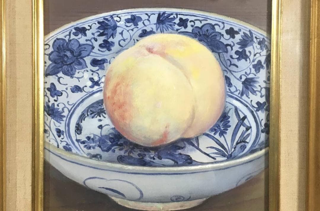 ○真作保証品 小館善四郎 油彩 白桃 直筆サイン/裏書 1975年太宰治 義弟